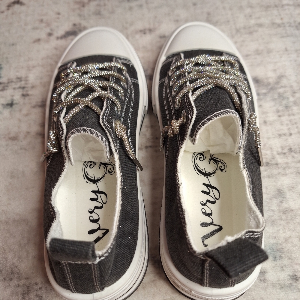 Very G Slip On Black Glitter White & Glitter Laces Canvas Platform Sneakers 8 - Picture 4 of 7